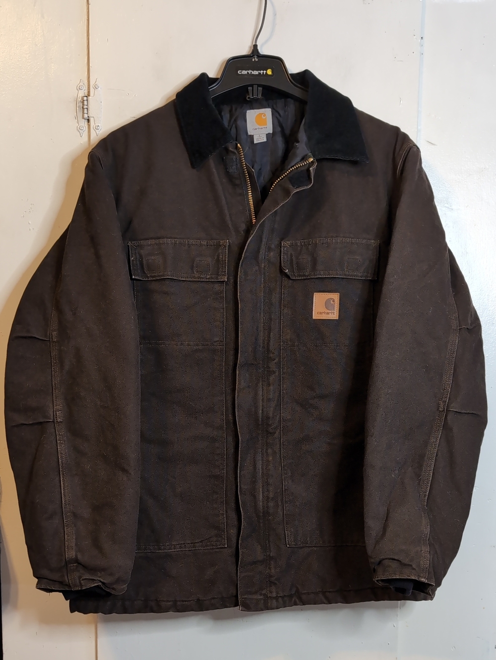 Vint. Carhartt C26 Brown Collared Quilt Lined Chore Coat mens LT